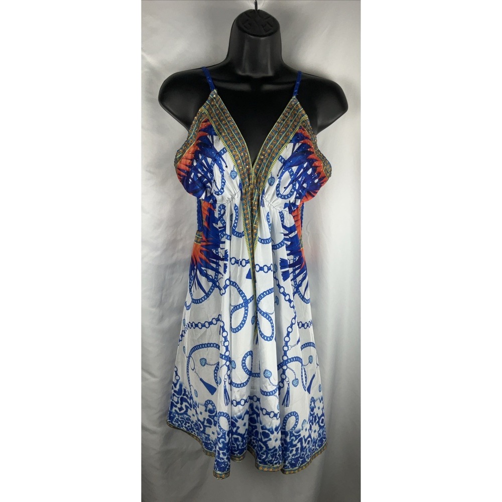 Advance Women's One Size White‎ Colorful Sundress Silk Blend Smocked Back Dress